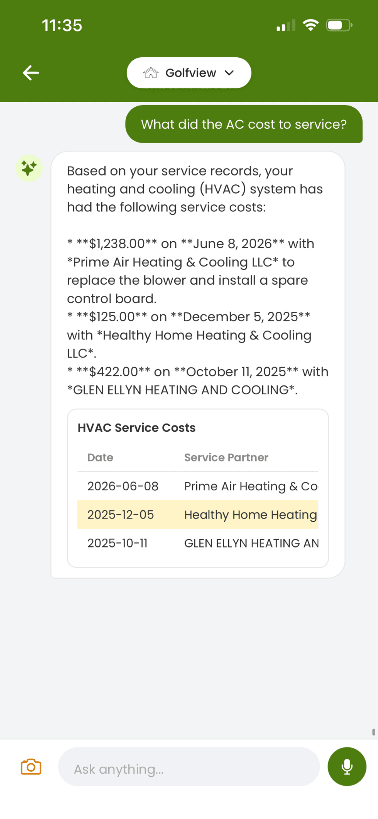 HeyProactive Agent answer showing what the AC cost to service