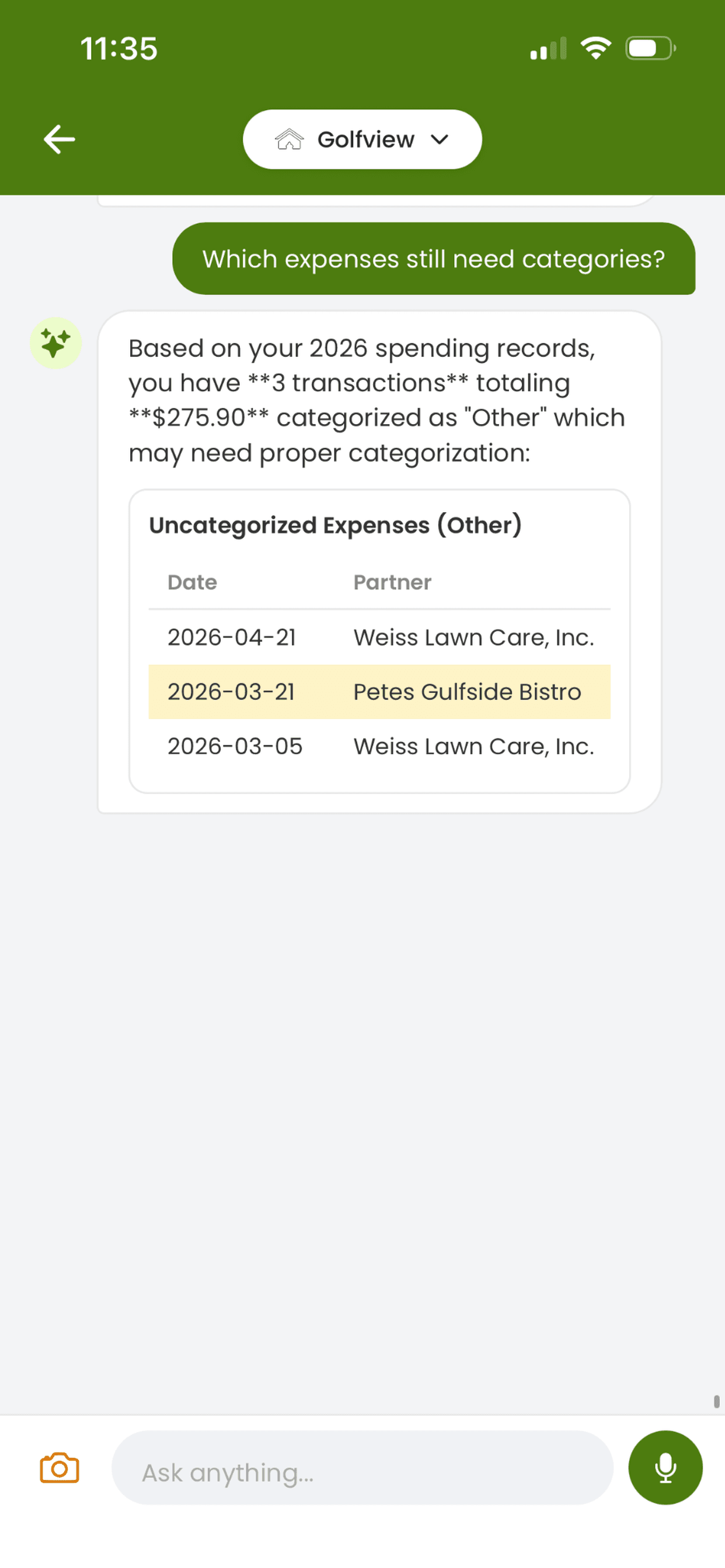 HeyProactive Agent answer showing expenses that still need categories