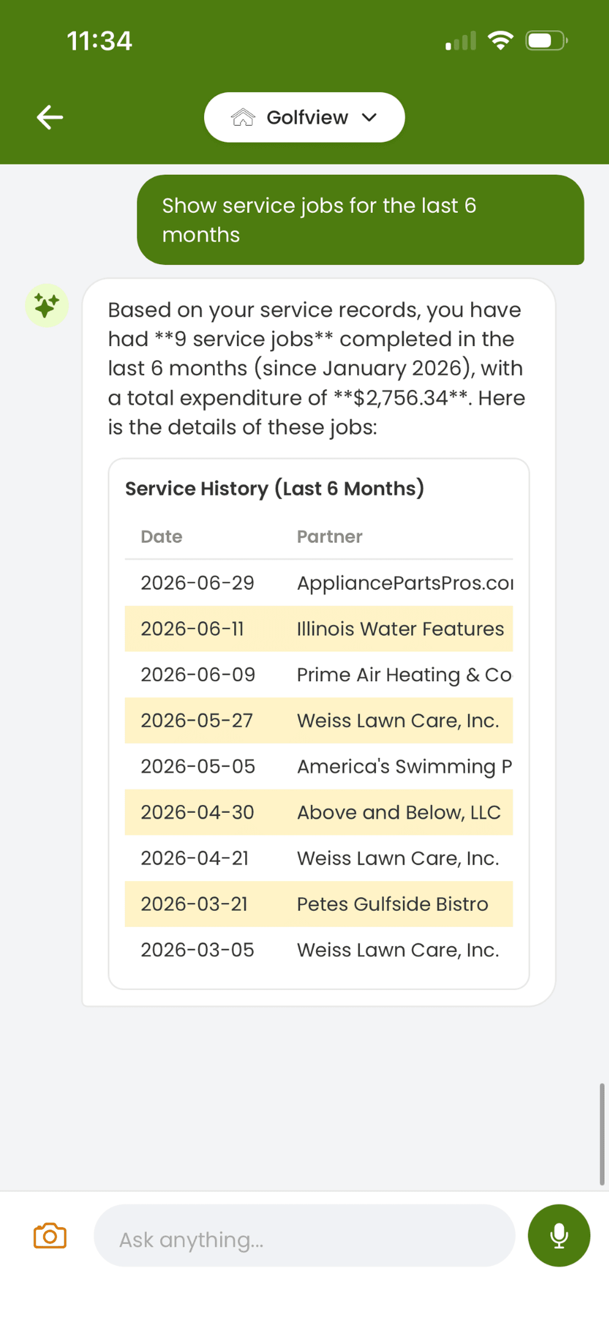 HeyProactive Agent answer showing service jobs from the last six months