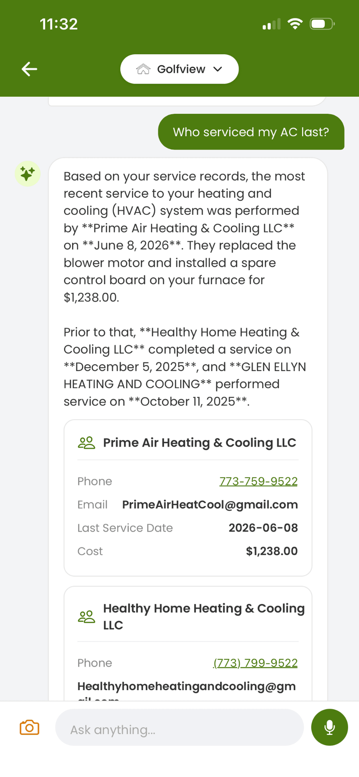 HeyProactive Agent answer showing who last serviced the AC