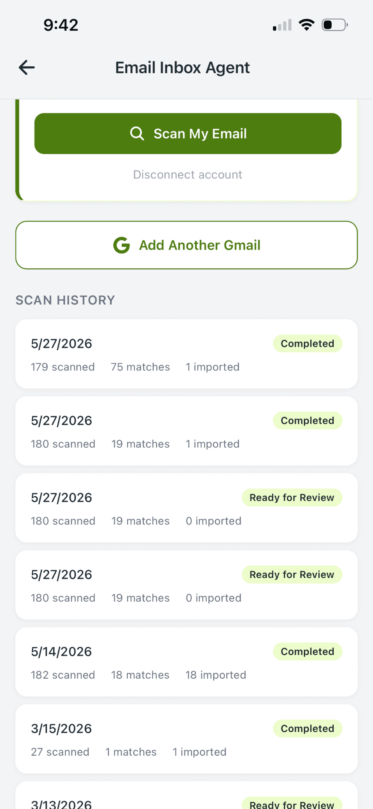 Email scanning agent reviewing forwarded messages for home documents to import